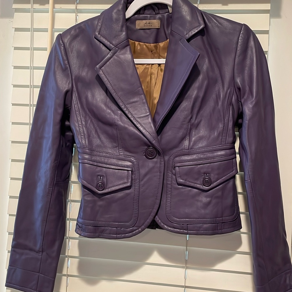 I e designed, Purple 100 percent leather crop jacket. Brand new. Petite XS